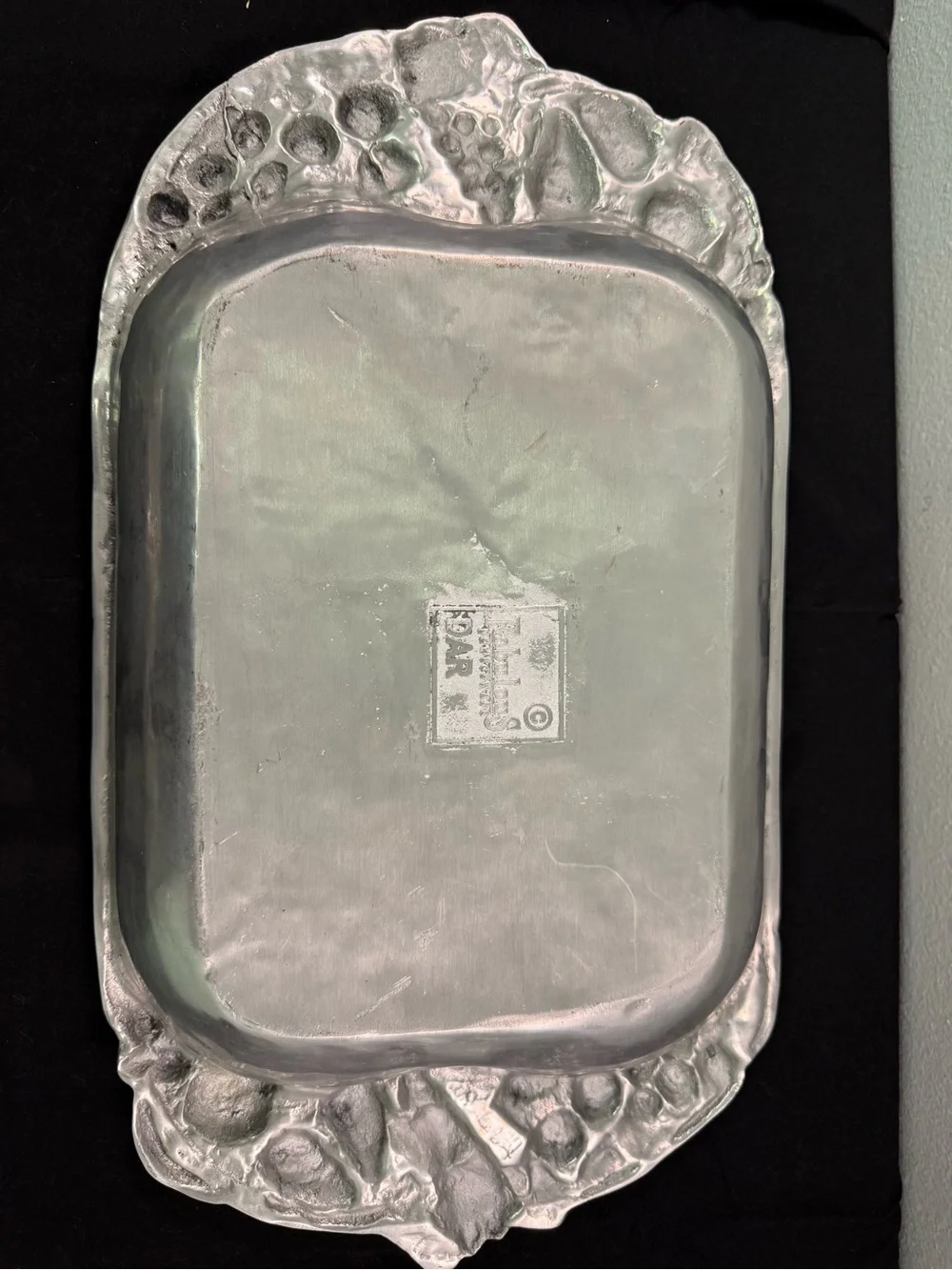 Vintage Rectangular Pewter Serving Tray with Ornate Fruit Motif Handles